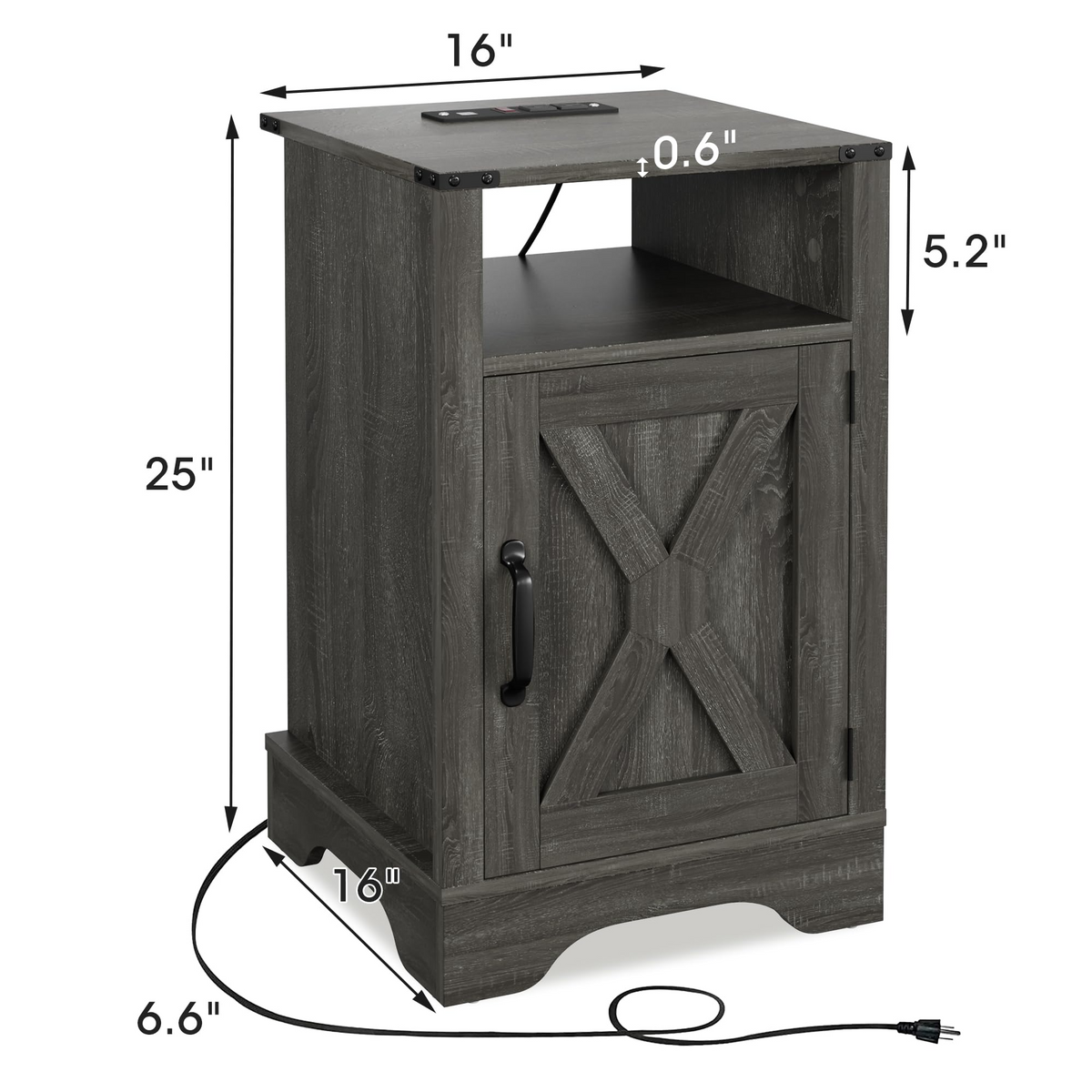 Farmhouse Wooden Nightstand End Table with Charging Station