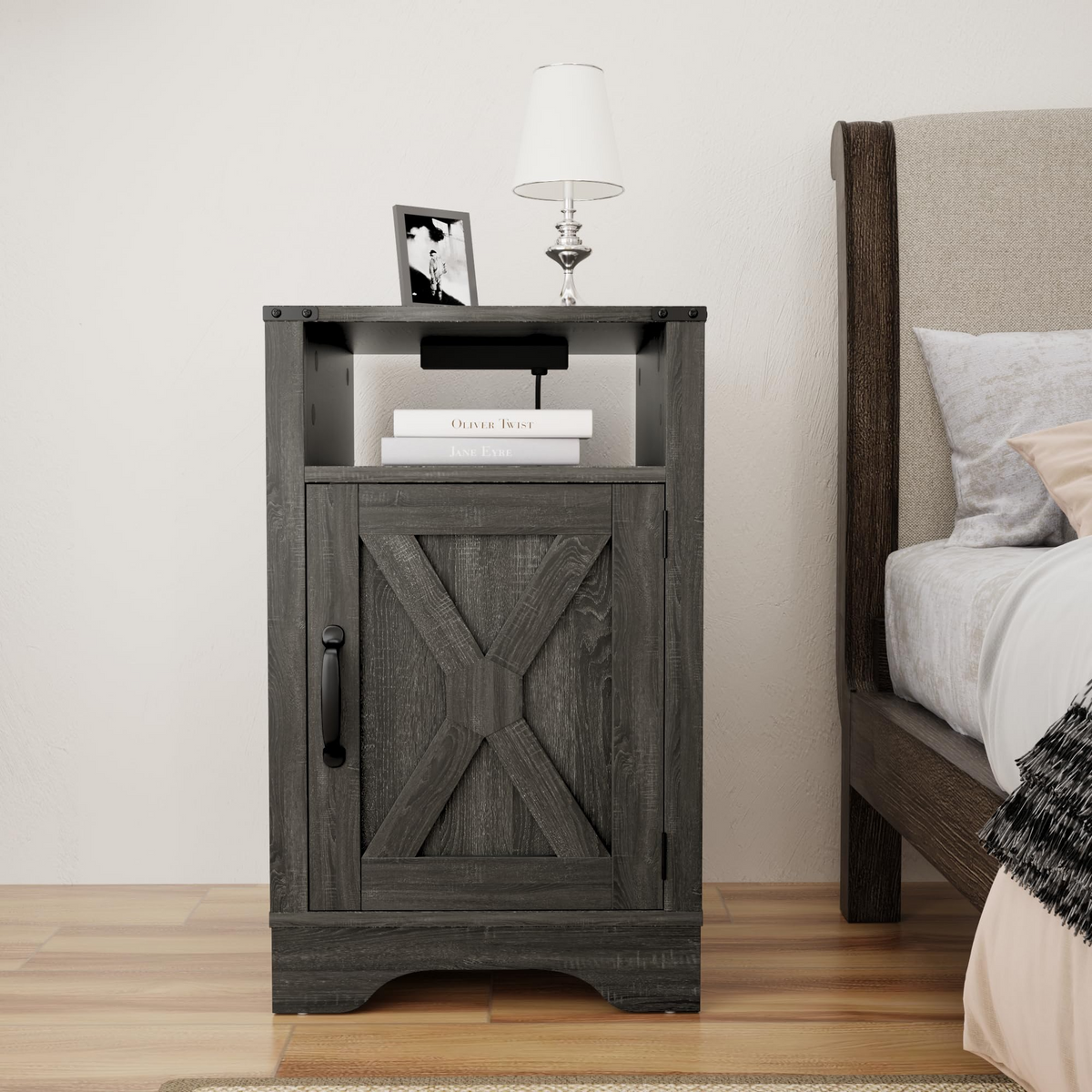 Farmhouse Wooden Nightstand End Table with Charging Station
