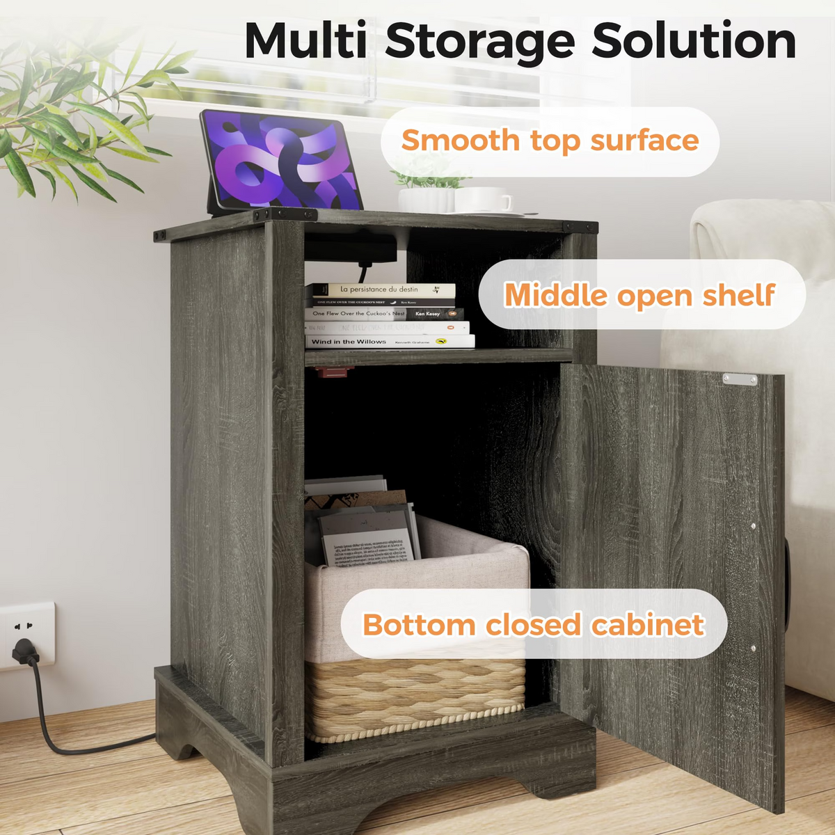 Farmhouse Wooden Nightstand End Table with Charging Station