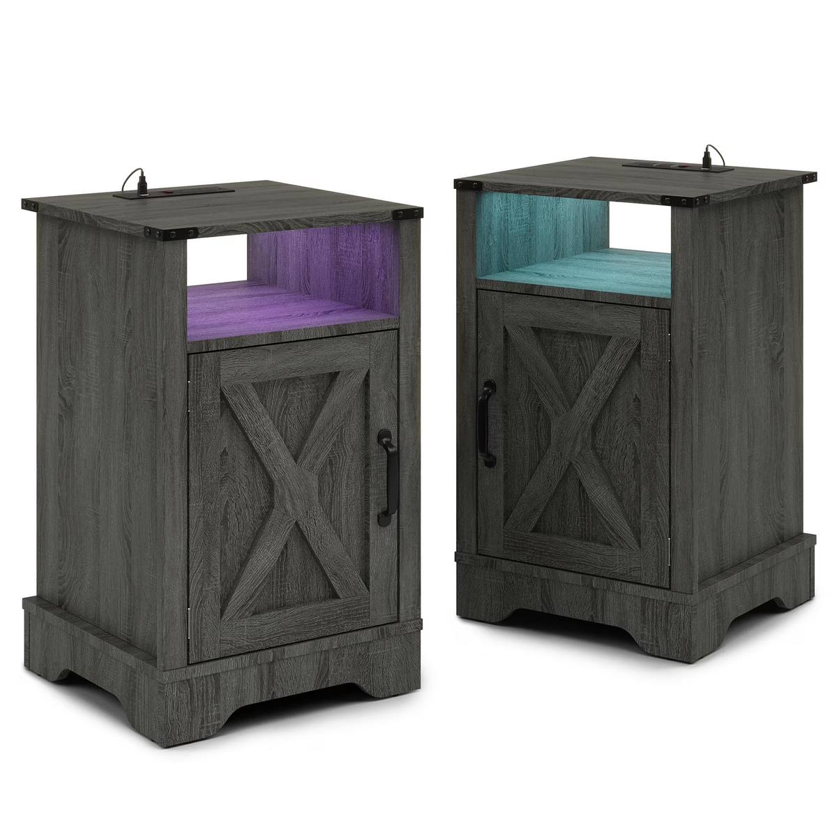 LED Lights Farmhouse Wooden End Table with Charging Station