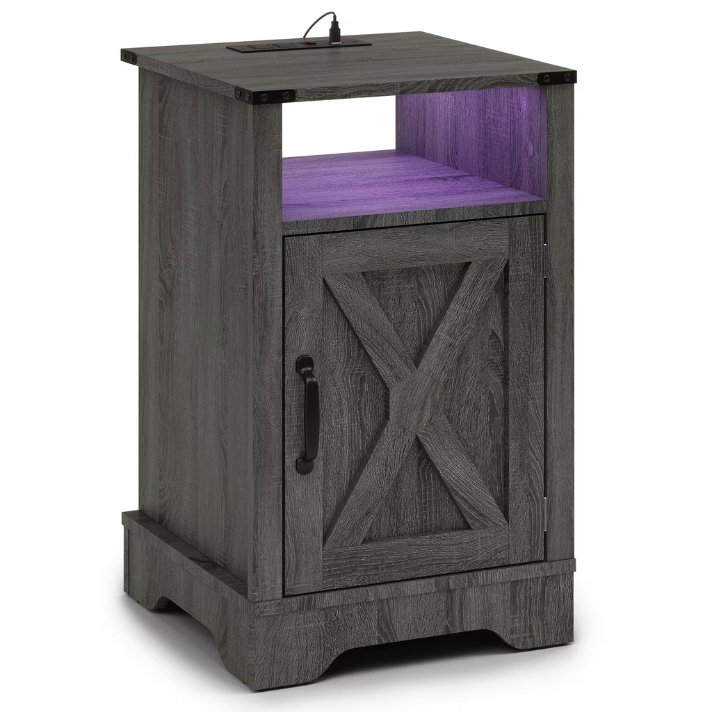 LED Lights Farmhouse Wooden End Table with Charging Station