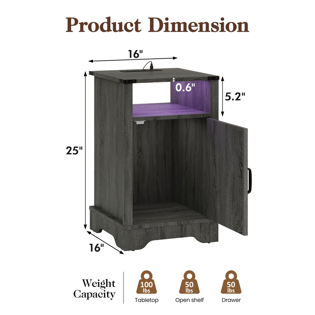 LED Lights Farmhouse Wooden End Table with Charging Station