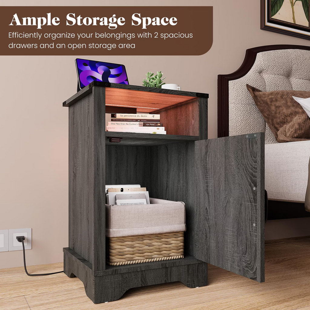 LED Lights Farmhouse Wooden End Table with Charging Station