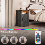 LED Lights Farmhouse Wooden End Table with Charging Station