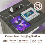 LED Lights Farmhouse Wooden End Table with Charging Station