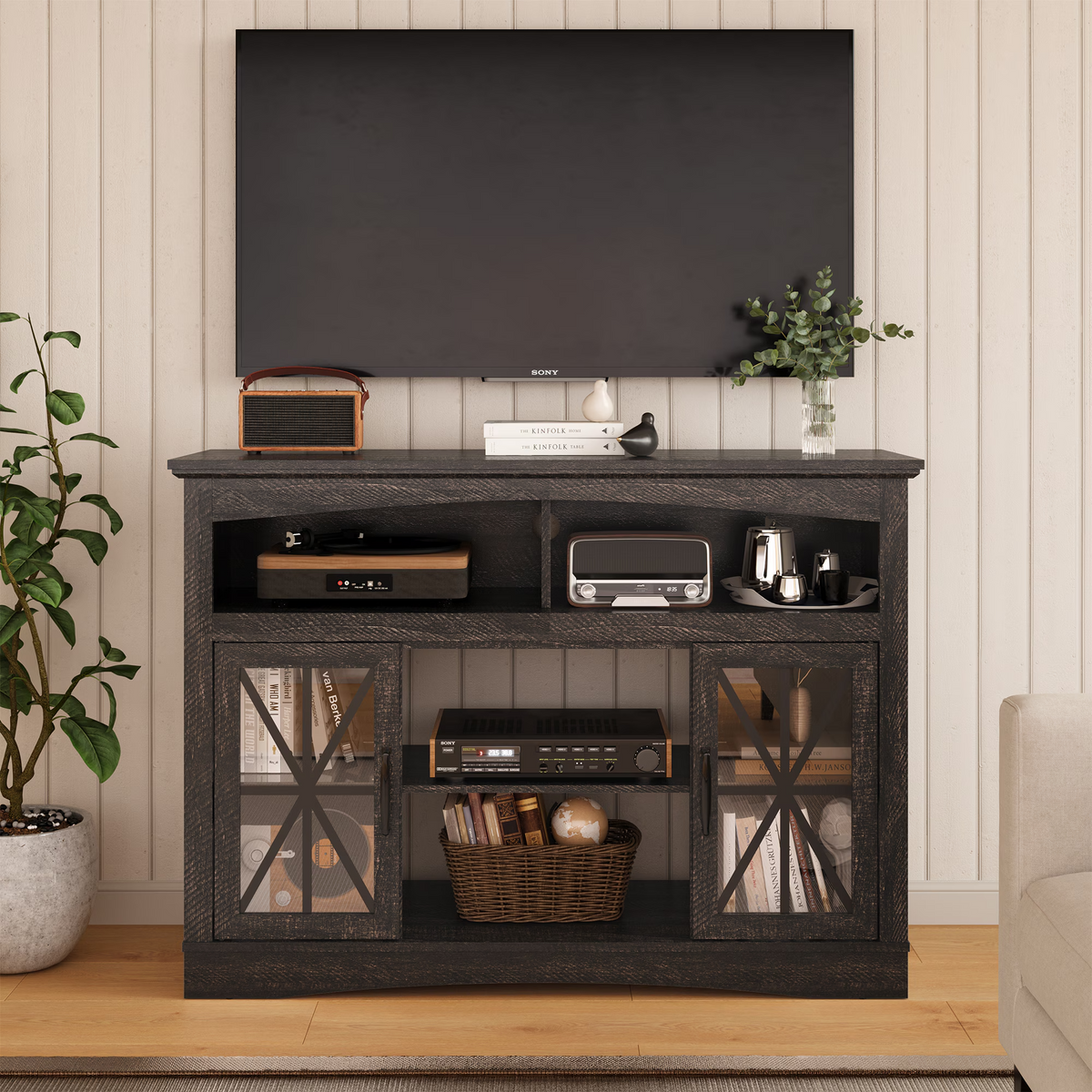 55'' Farmhouse TV Stand with Glass Doors & LED Lights