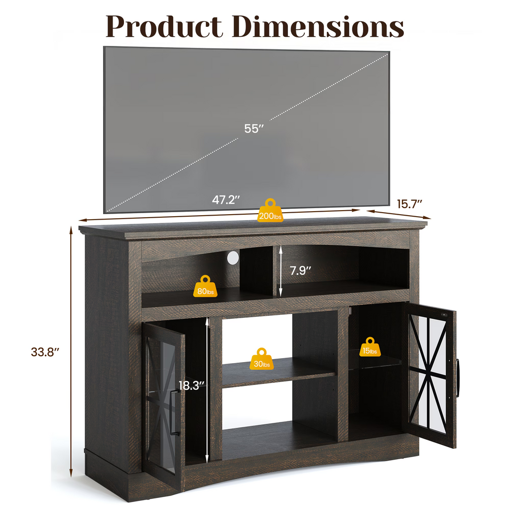 55'' Farmhouse TV Stand with Glass Doors & LED Lights