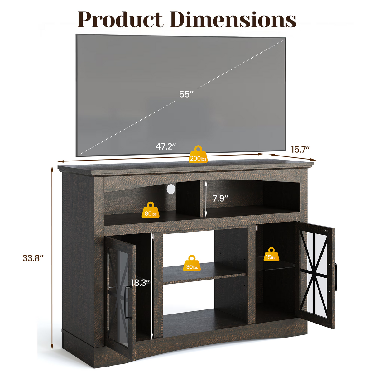 55'' Farmhouse TV Stand with Glass Doors & LED Lights