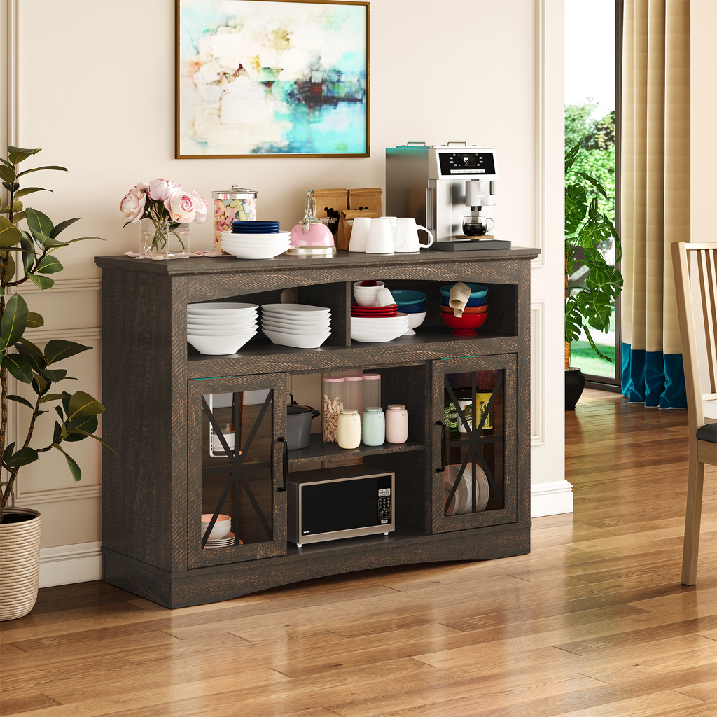 55'' Farmhouse TV Stand with Glass Doors & LED Lights