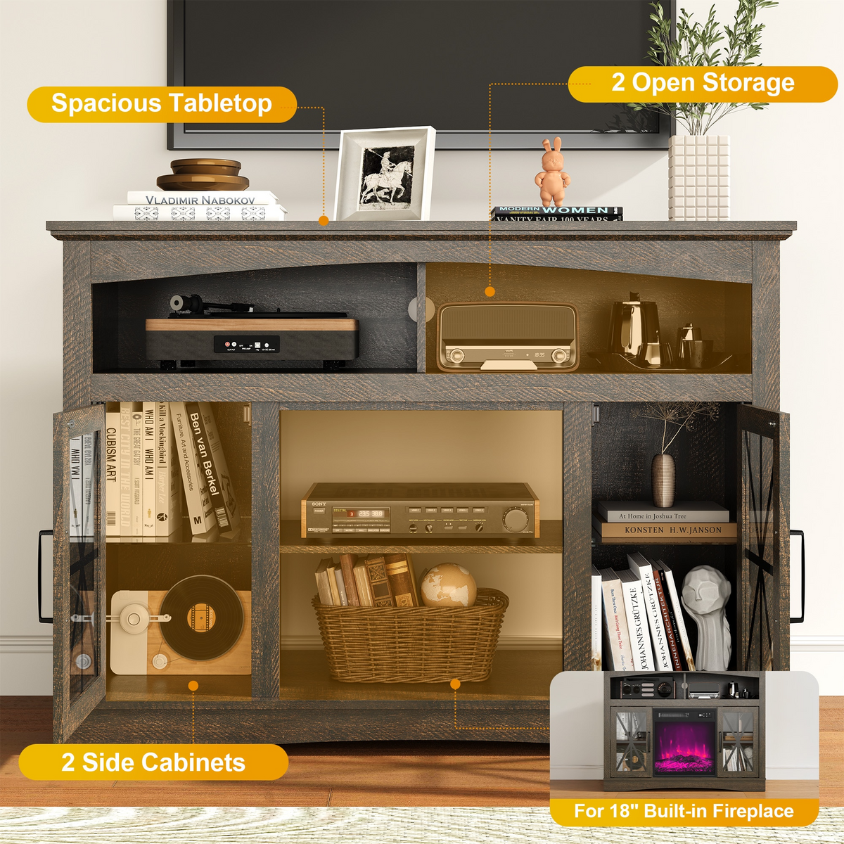 55'' Farmhouse TV Stand with Glass Doors & LED Lights