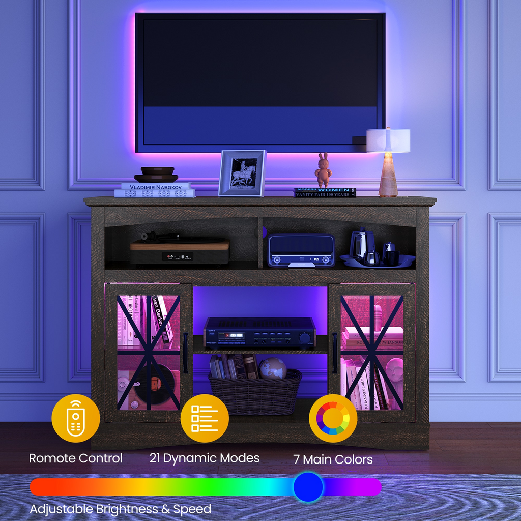 55'' Farmhouse TV Stand with Glass Doors & LED Lights