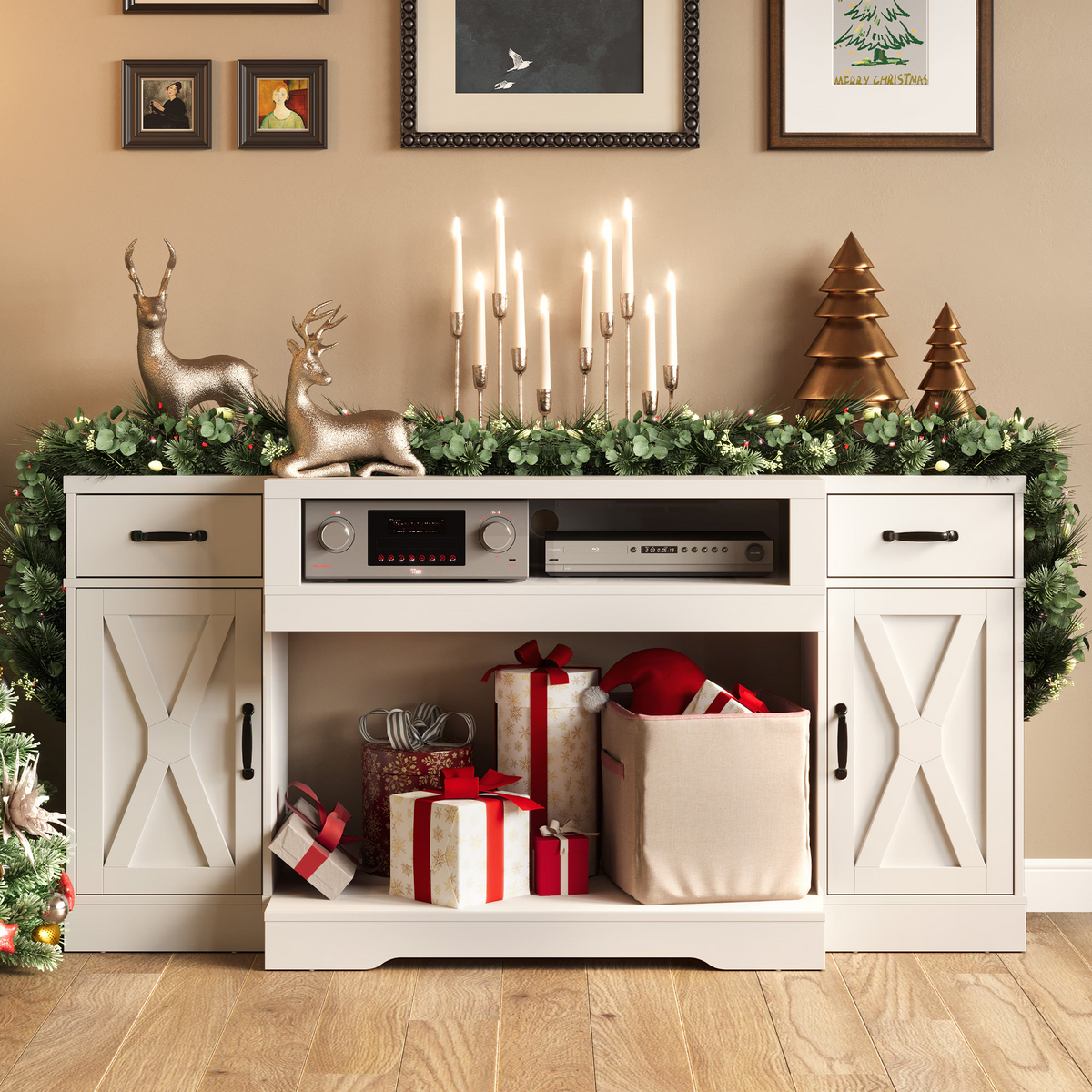 75''TV Stands with Adjustable Shelves & Double-Door