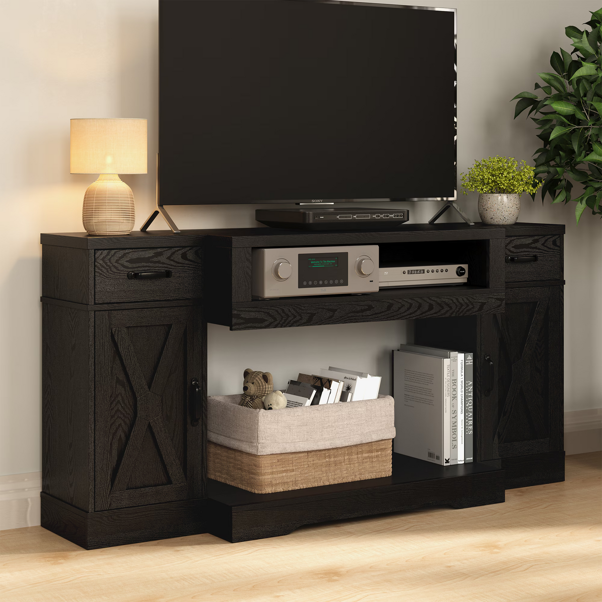 75''TV Stands with Adjustable Shelves & Double-Door