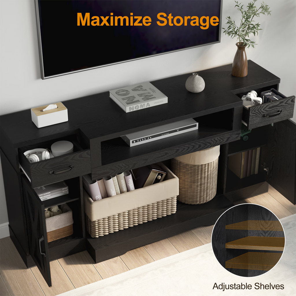 75''TV Stands with Adjustable Shelves & Double-Door