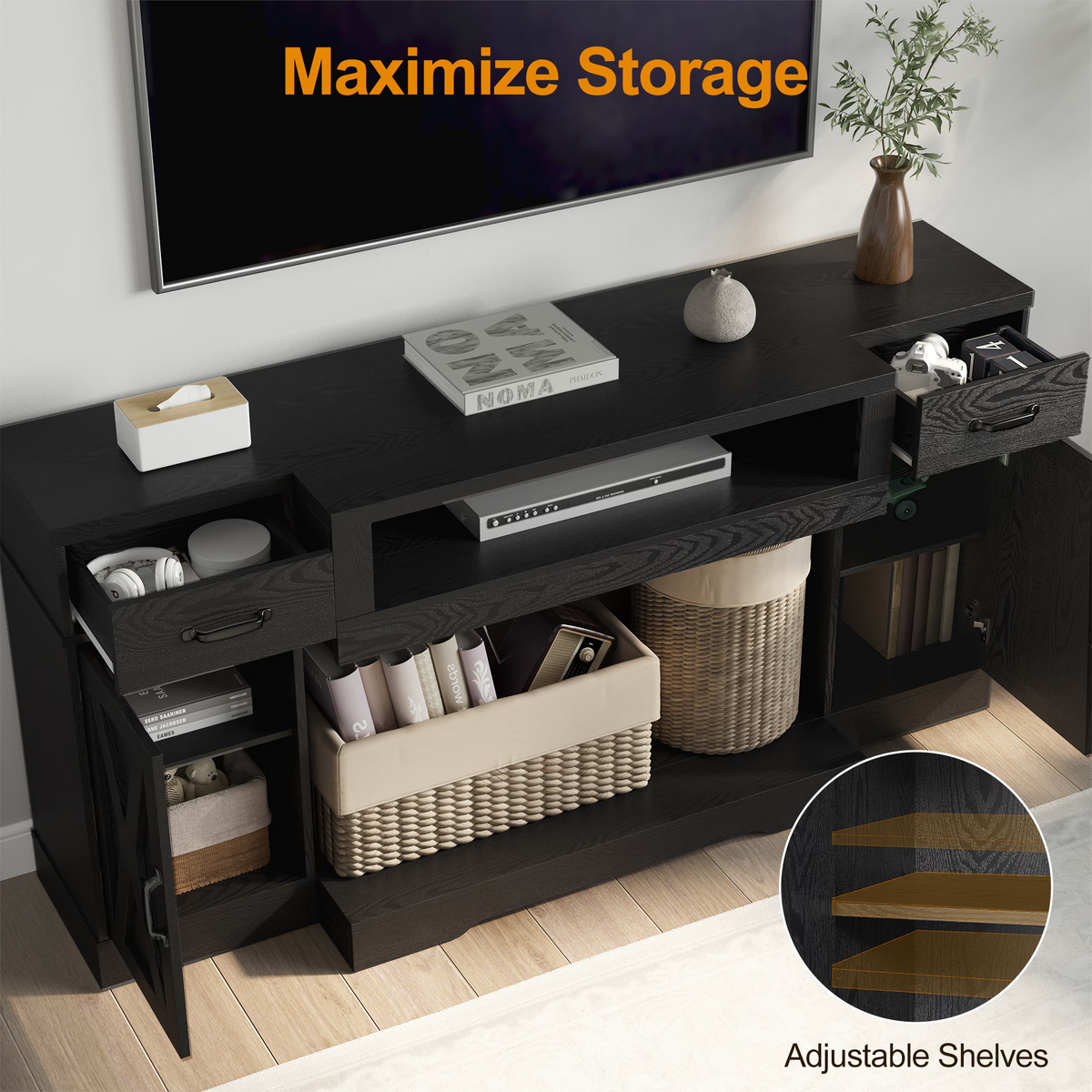 75''TV Stands with Adjustable Shelves & Double-Door