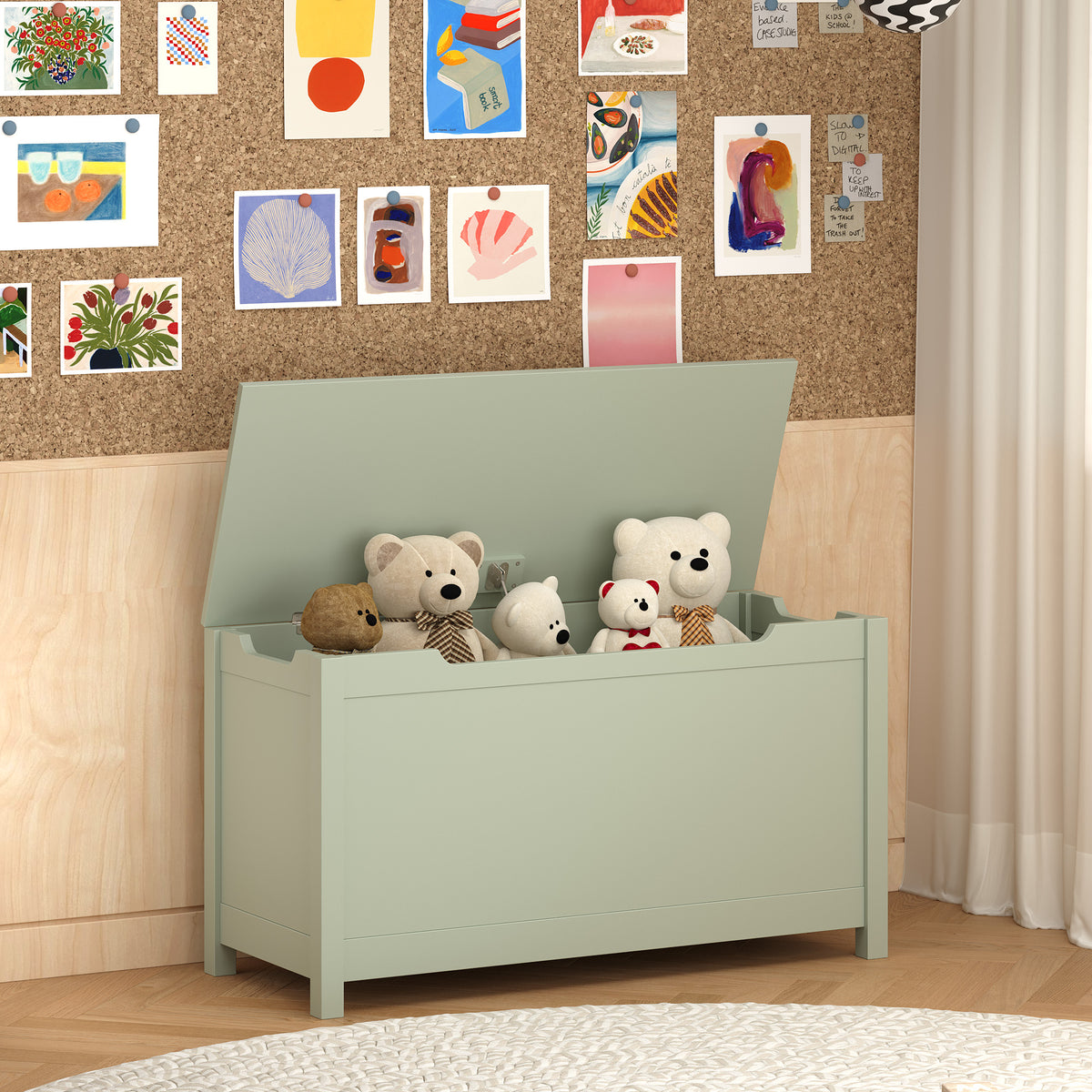 Wooden Toy Box Storage Organizer with Safety Hinged Lid