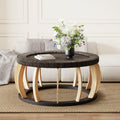 35" Vintage Curved Legs Boho Rattan Solid Wood Round Coffee Table,Black Brown