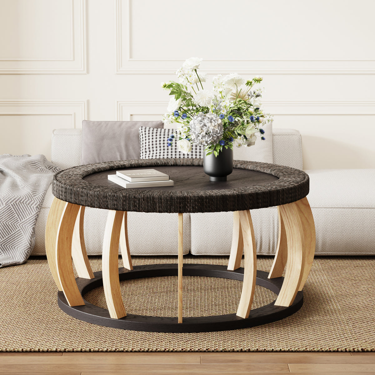 35" Vintage Curved Legs Boho Rattan Solid Wood Round Coffee Table,Black Brown