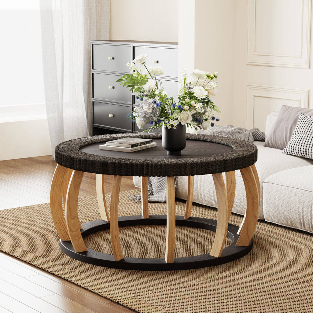 35" Vintage Curved Legs Boho Rattan Solid Wood Round Coffee Table,Black Brown