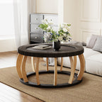 35" Vintage Curved Legs Boho Rattan Solid Wood Round Coffee Table,Black Brown