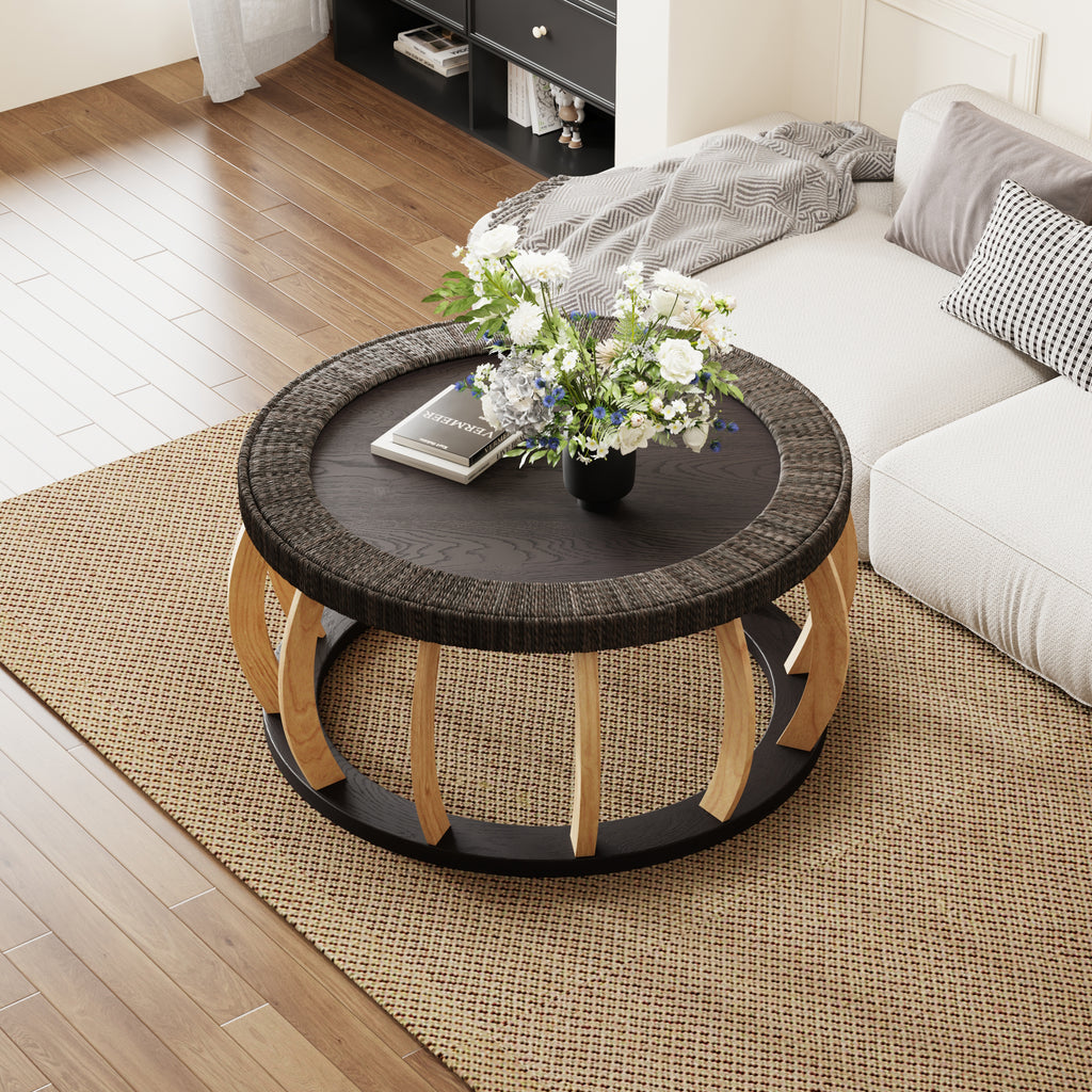 35" Vintage Curved Legs Boho Rattan Solid Wood Round Coffee Table,Black Brown