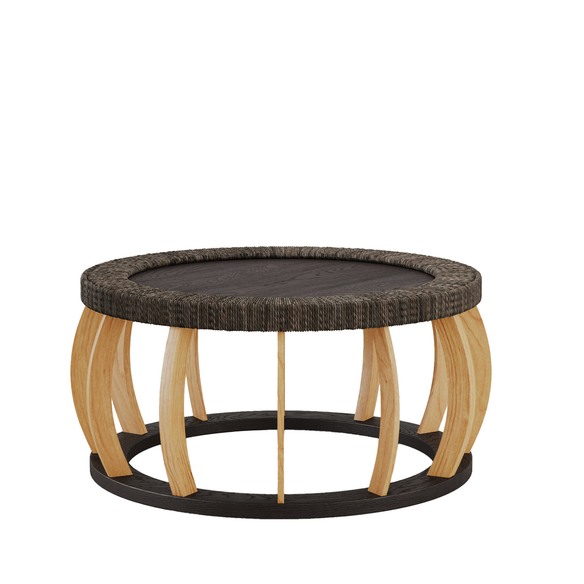 35" Vintage Curved Legs Boho Rattan Solid Wood Round Coffee Table,Black Brown