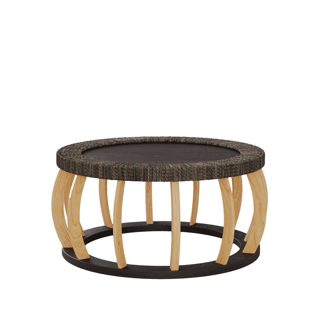 35" Vintage Curved Legs Boho Rattan Solid Wood Round Coffee Table,Black Brown
