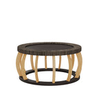 35" Vintage Curved Legs Boho Rattan Solid Wood Round Coffee Table,Black Brown