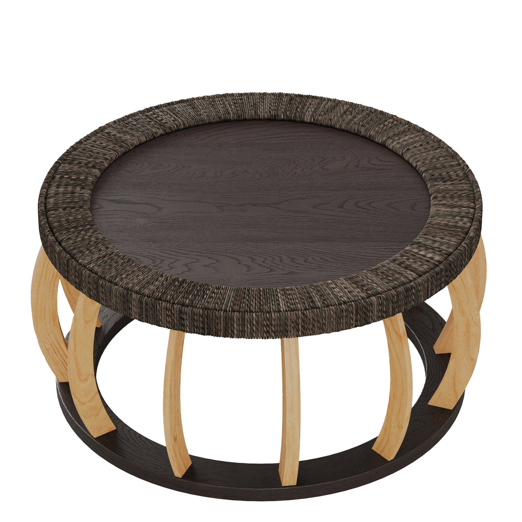 35" Vintage Curved Legs Boho Rattan Solid Wood Round Coffee Table,Black Brown