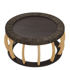 35" Vintage Curved Legs Boho Rattan Solid Wood Round Coffee Table,Black Brown