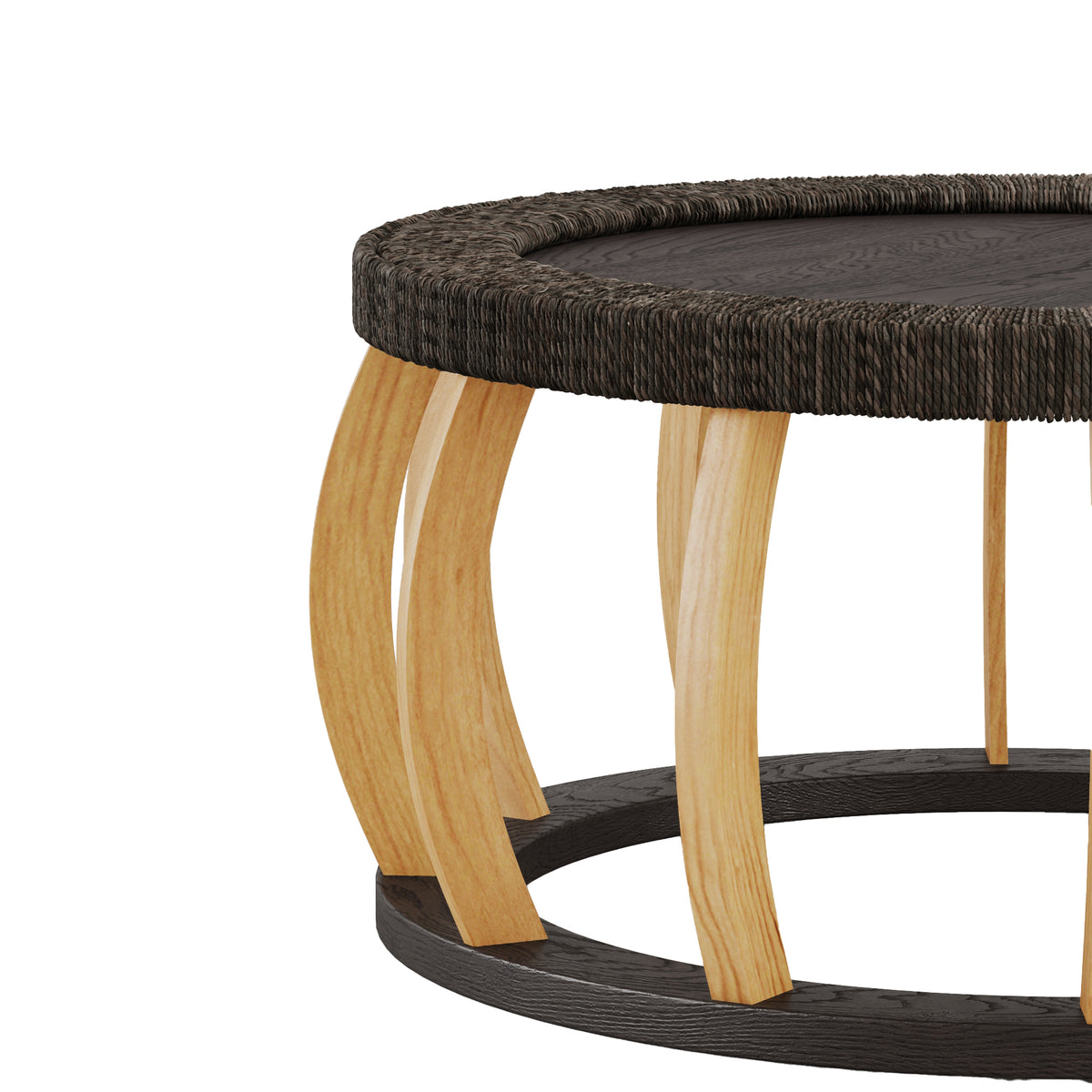 35" Vintage Curved Legs Boho Rattan Solid Wood Round Coffee Table,Black Brown