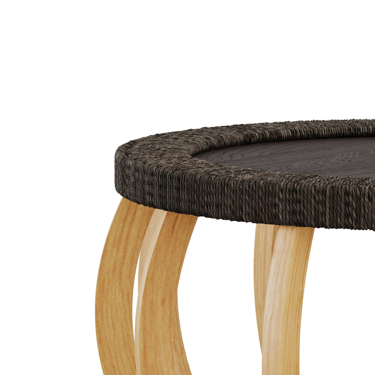 35" Vintage Curved Legs Boho Rattan Solid Wood Round Coffee Table,Black Brown