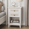 Farmhouse Nightstand Boho End Table with 2 Rattan Decor Drawers,Grayish White