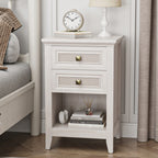 Farmhouse Nightstand Boho End Table with 2 Rattan Decor Drawers,Grayish White