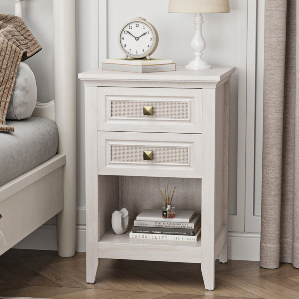 Farmhouse Nightstand Boho End Table with 2 Rattan Decor Drawers,Grayish White