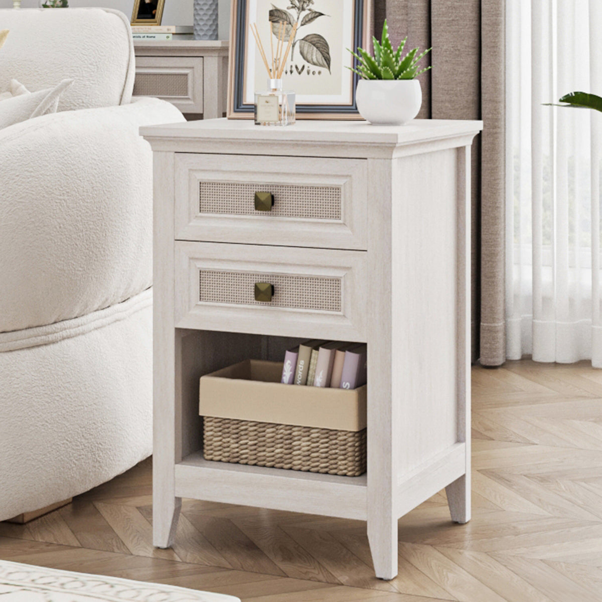 Farmhouse Nightstand Boho End Table with 2 Rattan Decor Drawers,Grayish White