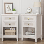 Farmhouse Nightstand Boho End Table with 2 Rattan Decor Drawers,Grayish White