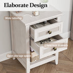 Farmhouse Nightstand Boho End Table with 2 Rattan Decor Drawers,Grayish White