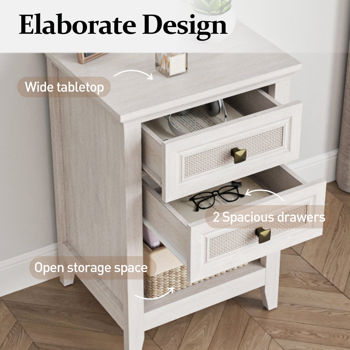 Farmhouse Nightstand Boho End Table with 2 Rattan Decor Drawers,Grayish White