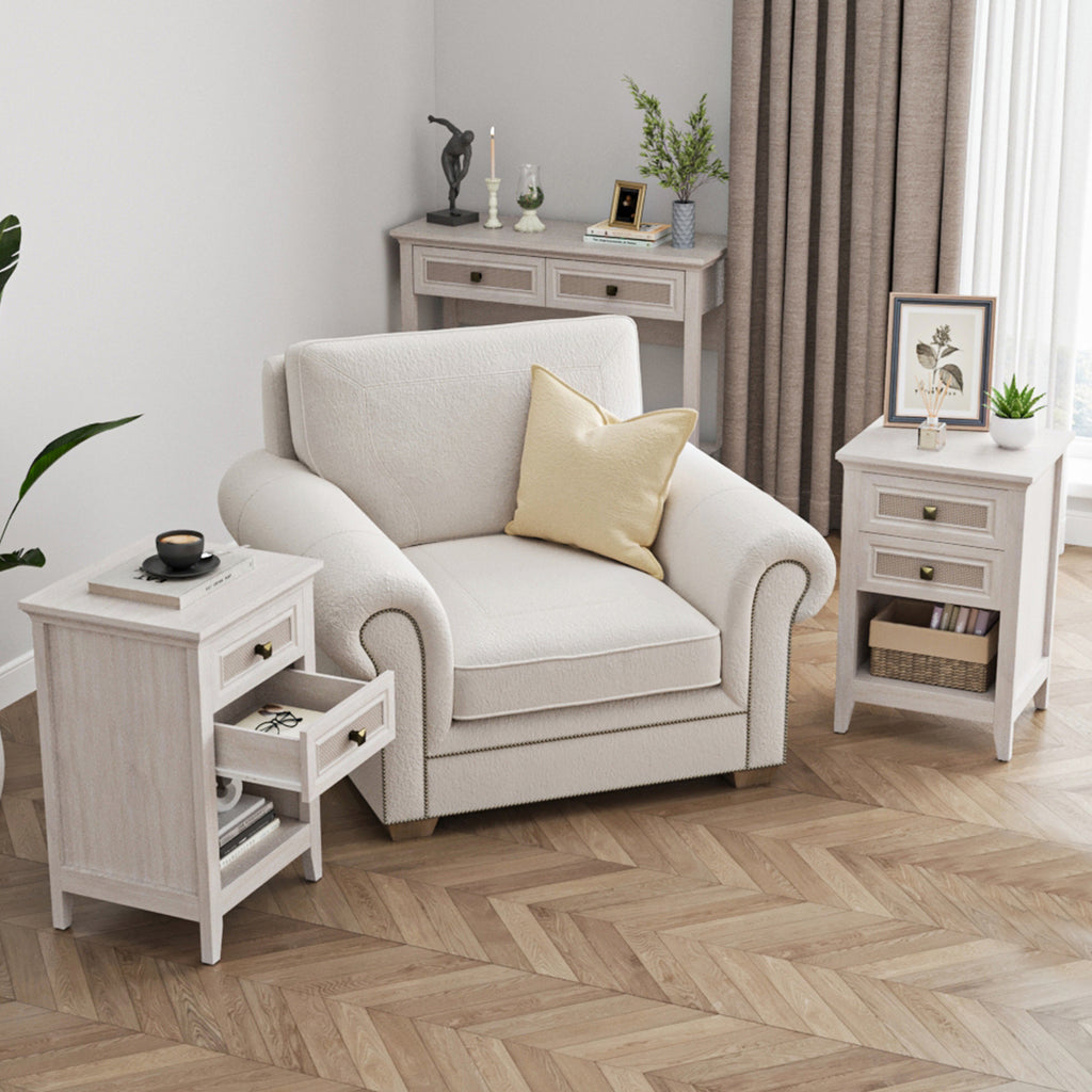 Farmhouse Nightstand Boho End Table with 2 Rattan Decor Drawers,Grayish White
