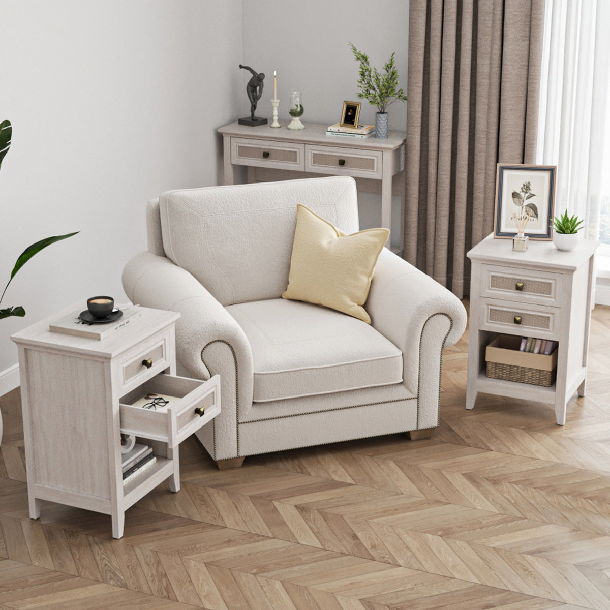 Farmhouse Nightstand Boho End Table with 2 Rattan Decor Drawers,Grayish White
