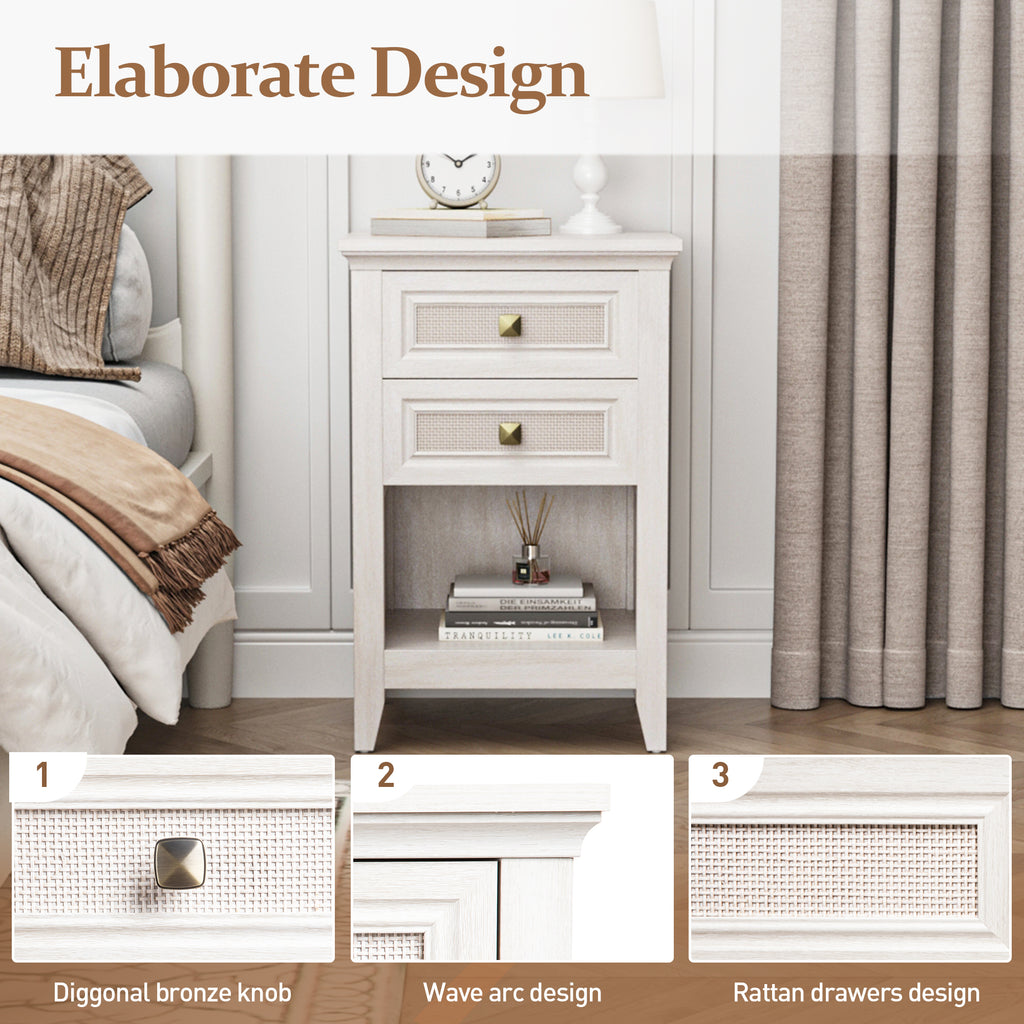 Farmhouse Nightstand Boho End Table with 2 Rattan Decor Drawers,Grayish White