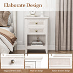 Farmhouse Nightstand Boho End Table with 2 Rattan Decor Drawers,Grayish White