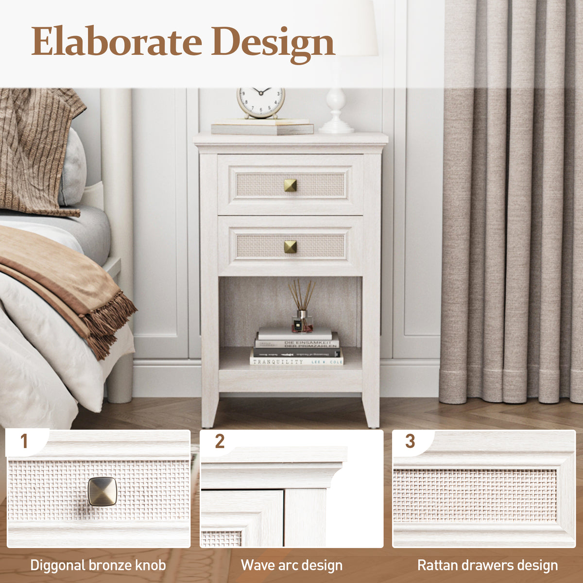 Farmhouse Nightstand Boho End Table with 2 Rattan Decor Drawers,Grayish White